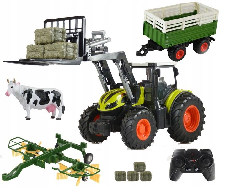 Traktor Zdalnie Sterowany Przyczepa Zgrabiarka Maszyny 4w1 Zestaw Rc