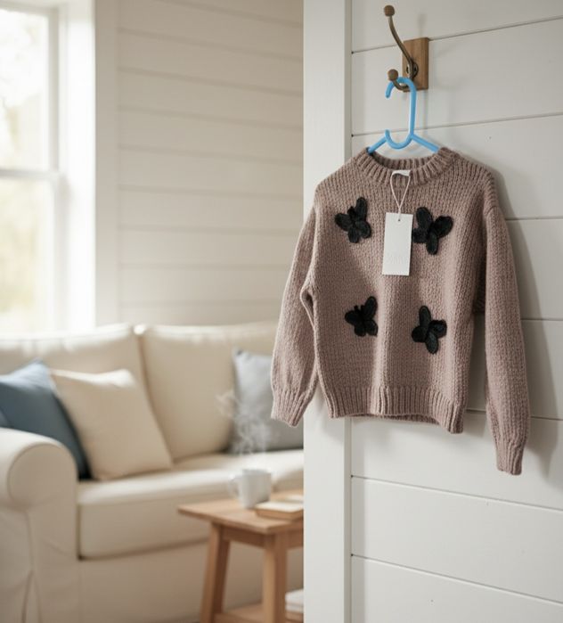 Przepiękny sweterek sweter z czarnymi motylkami cieplutki Zara 110