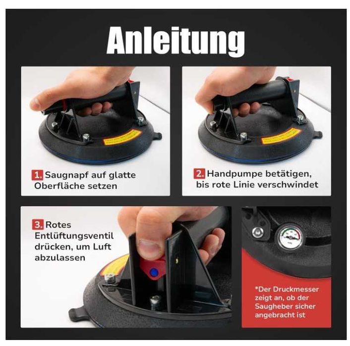 Zestaw 2 przyssawek z manometrem, średnica 20cm, udźwig do 300kg NINJA