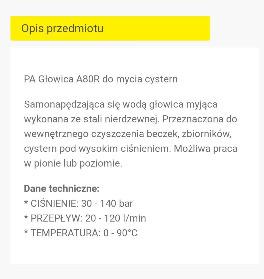 Glowica wysokociśnieniowa do mycia cystern