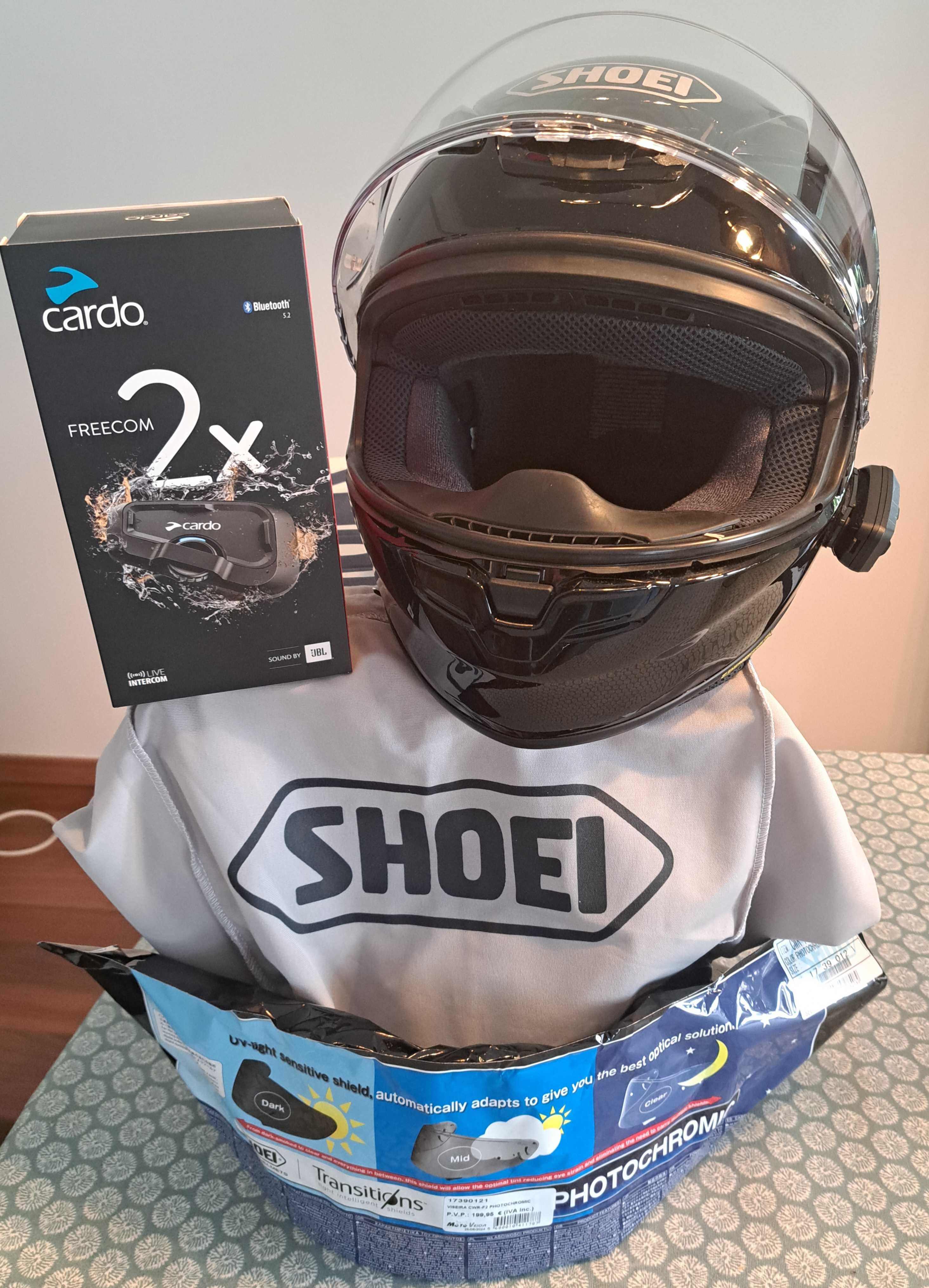 Capacete Shoei nxr2 preto + viseira photochromic + Intercom Cardo