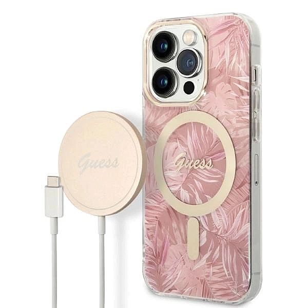 Zestaw Guess etui MagSafe + ładowarka do iPhone 14 Pro 6,1" - różowy