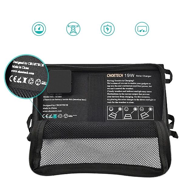 Choetech ładowarka solarna USB składana ładowarka słoneczna 19W 2x USB