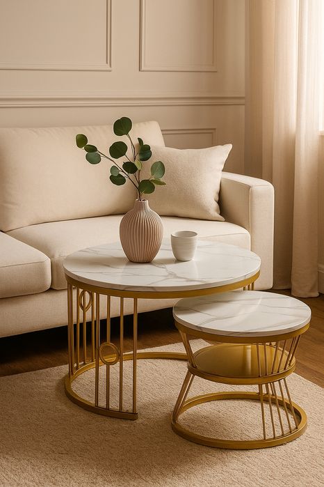 Stolik kawowy 2w1 rozkładany – złoty stelaż & biały marmur