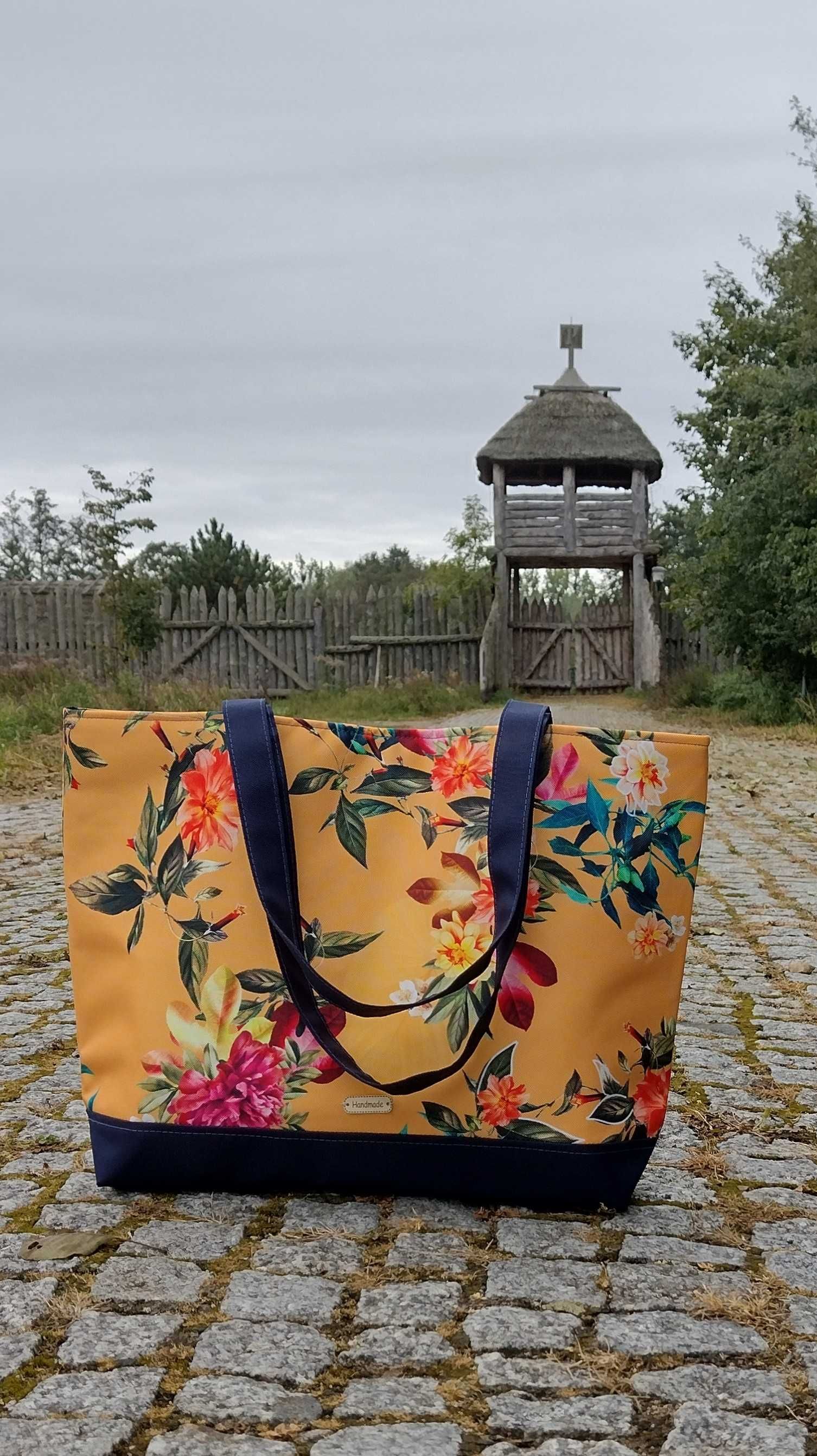 Torebka tote bag żółta w kolorowe kwiaty