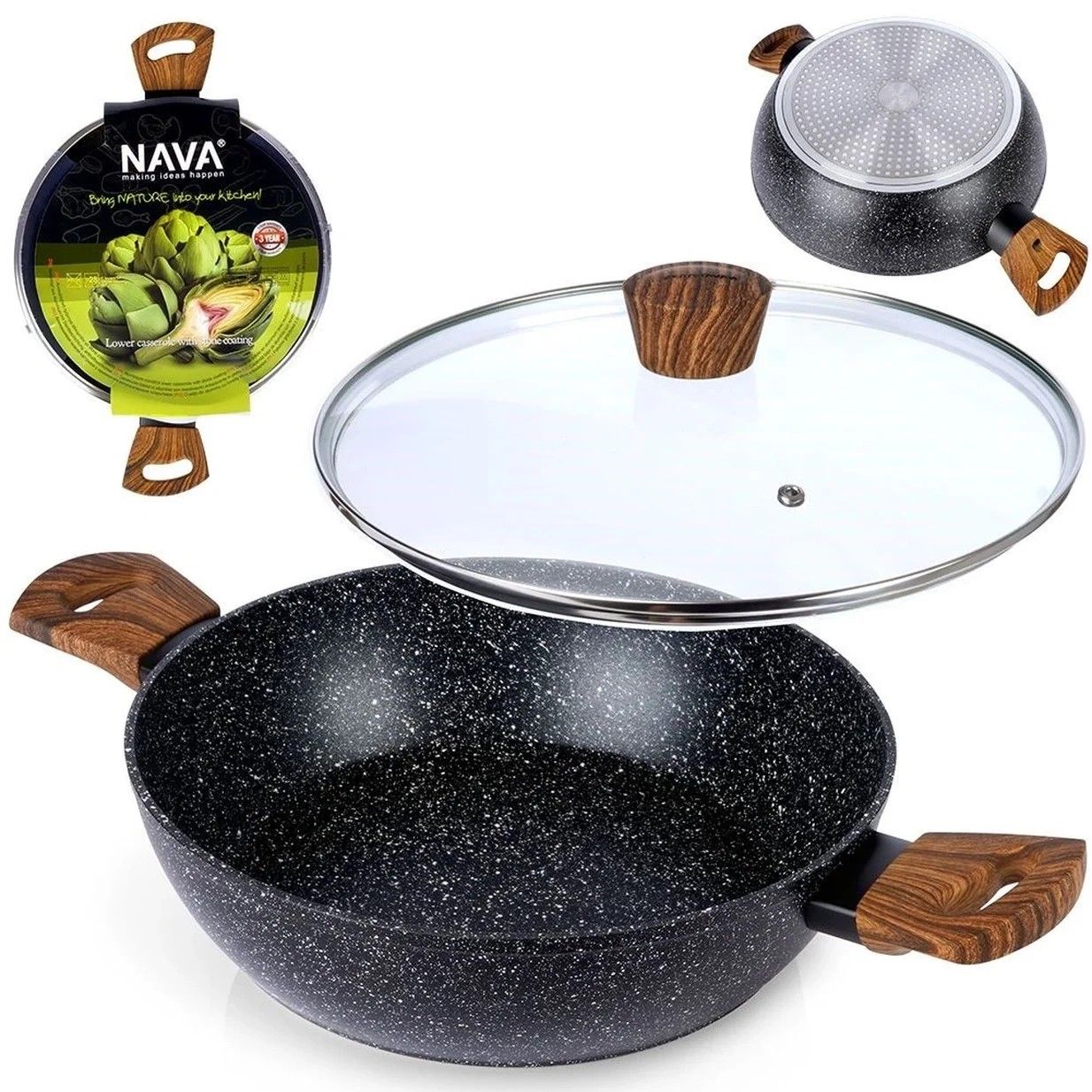 Patelnia Granitowa Z Pokrywką Do Smażenia Duszenia Niski Rondel 28 cm