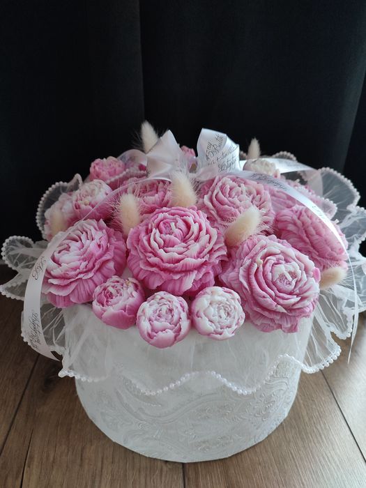 Bukiet świec Flower Box świec sojowych Wielki biało różowe piwonie