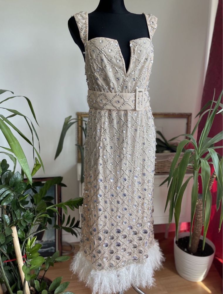 Asos luxe cekinowa sukienka midi midaxi pióra 44 xxl  46 3 xl zdobiona