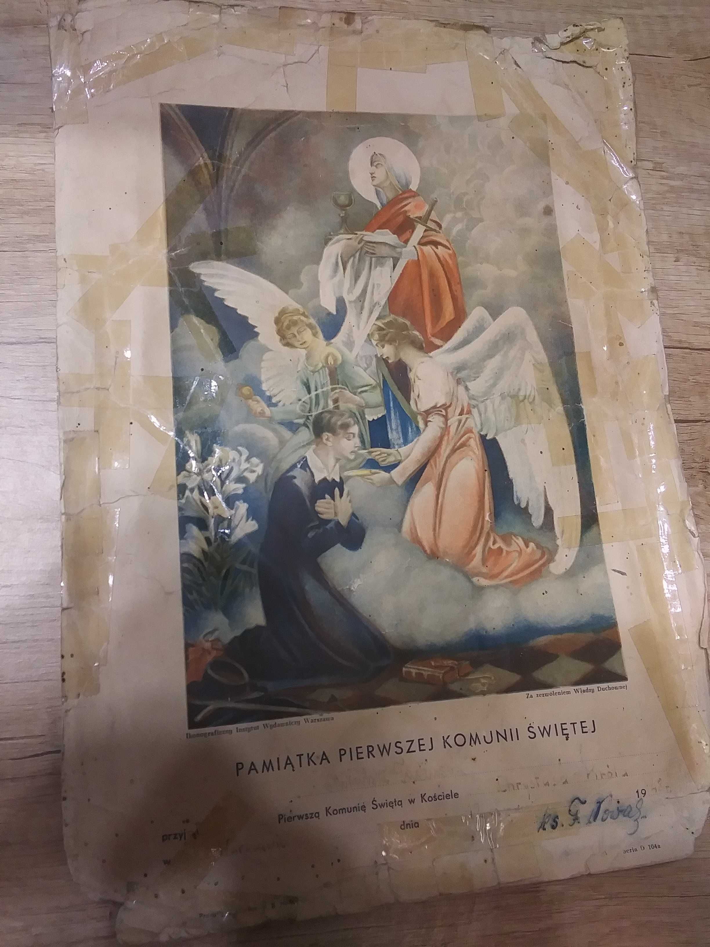 Stary dokument obrazek religijny pamiątka komunii świętej1948 Warszawa
