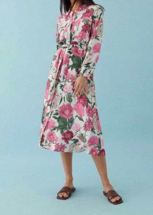 NOWA Sukienka w kwiaty midi, długi rękaw, stójka, r.34 36 38 Lato Len