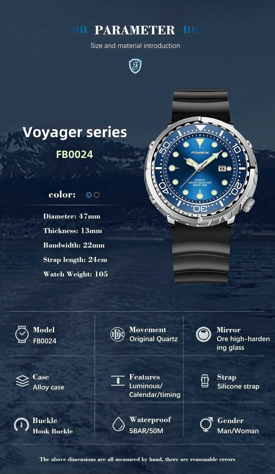 Duży sportowy zegarek męski wodoszczelny WR50 styl nurka tuńczyk luma
