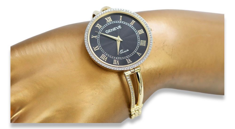 Prześliczny 14K 585 złoty damski zegarek Geneve lw053y Czarna Tarcza G