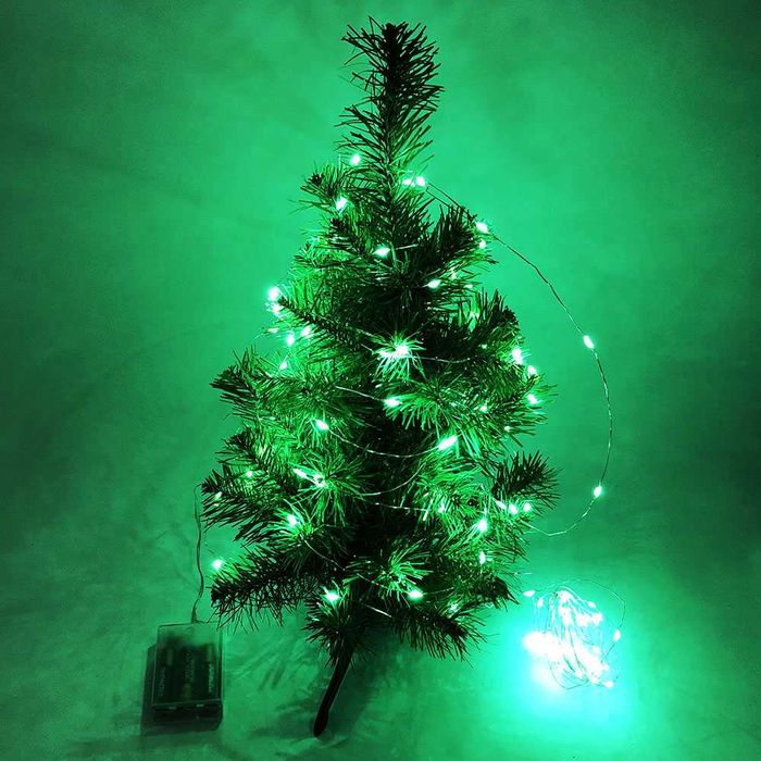 Гірлянда світлодіодна роса на батарейках зелена, провід прозорий, 5м