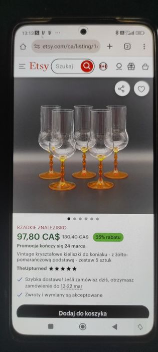 Komplet 6 kieliszków z żółtomiodową nóżką. Piękne