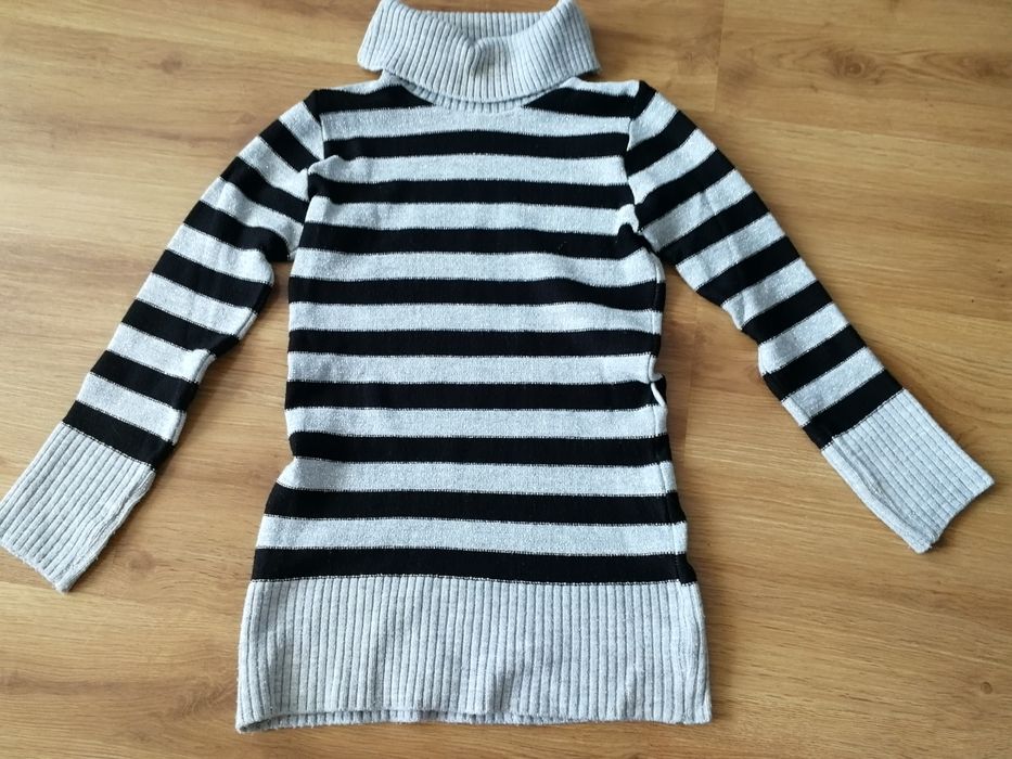 Tunika, golf, sweter w paski z błyszczącą srebrną nitką