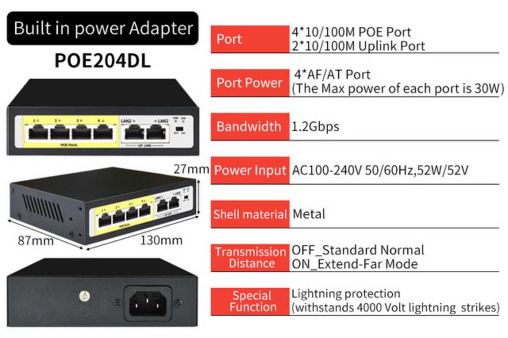 Poe коммутатор, switch 4+2 на 6 портів 52W 48-52V, комутатор свитч ‼️