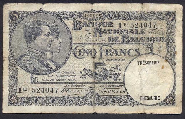 Banknot Belgia 5 Franków z 1928 r rzadki
