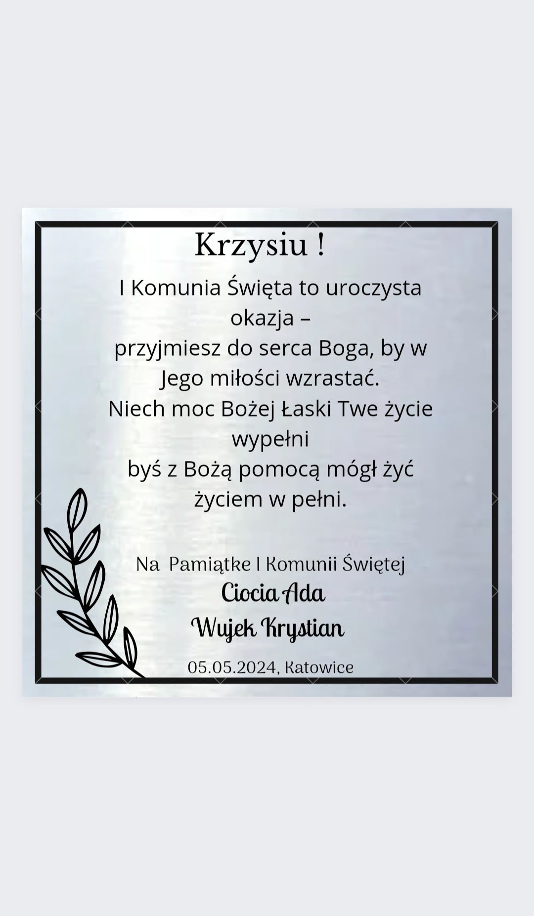 Piękna Srebrna/złota aluminiowa personalizowana kartka na komunię