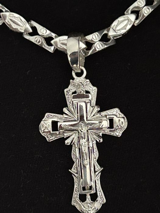 PIEKNY Srebrny Łańcuch Cartier plus Krzyż