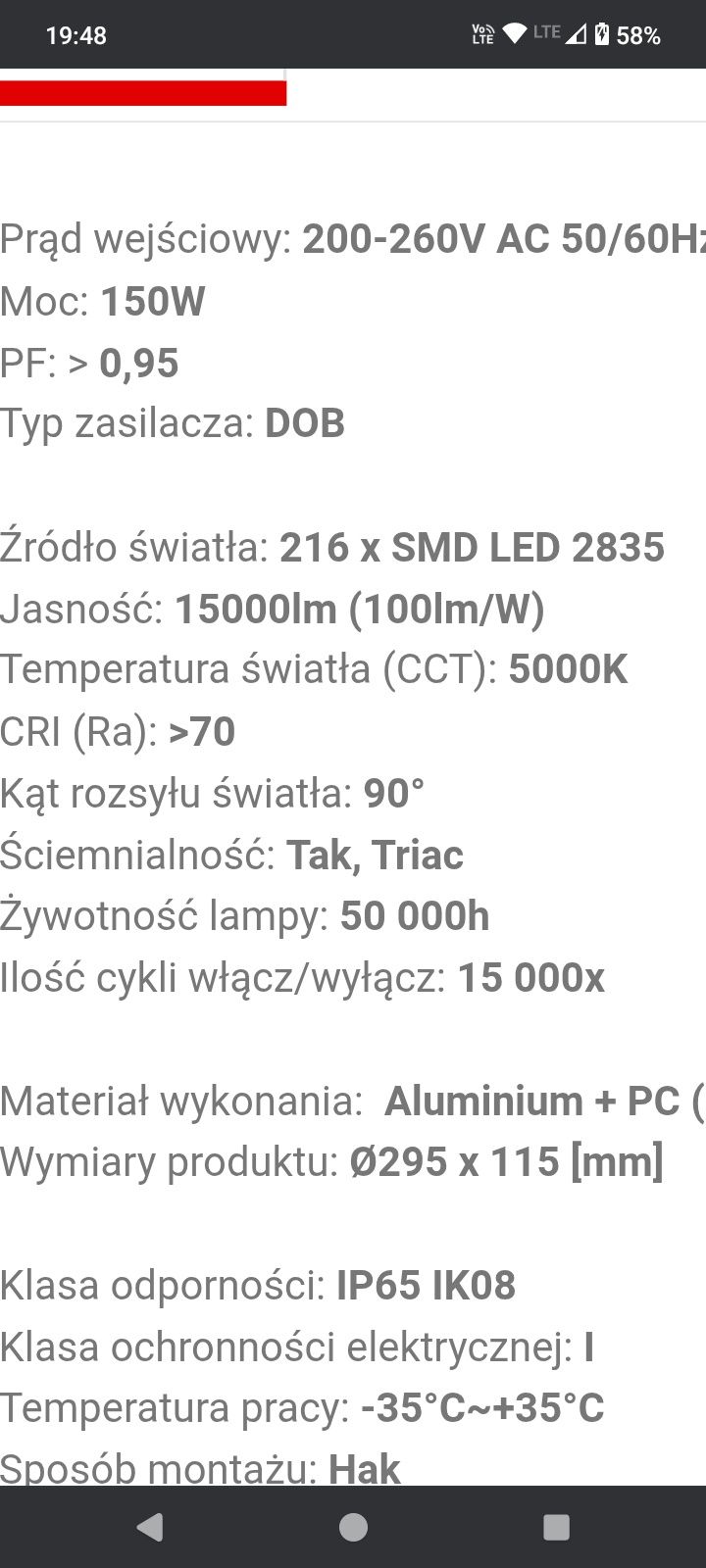 Lampa przemysłowa LED High Bay - UFO 150W