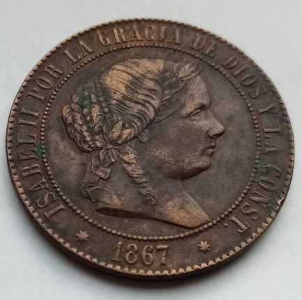 Moeda 5 cêntimos escudo 1867 Isabel II Spain
