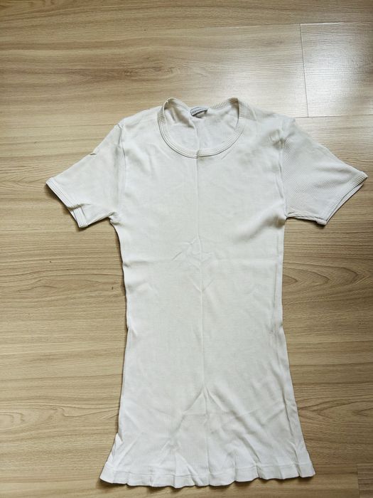 Biała bluzka prążkowana prążek kremowa koszulka krótki rękaw