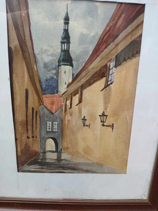 Obraz malowany AKWARELA "Piękny zaułek z wieżą kościelną"w ramie 27x33