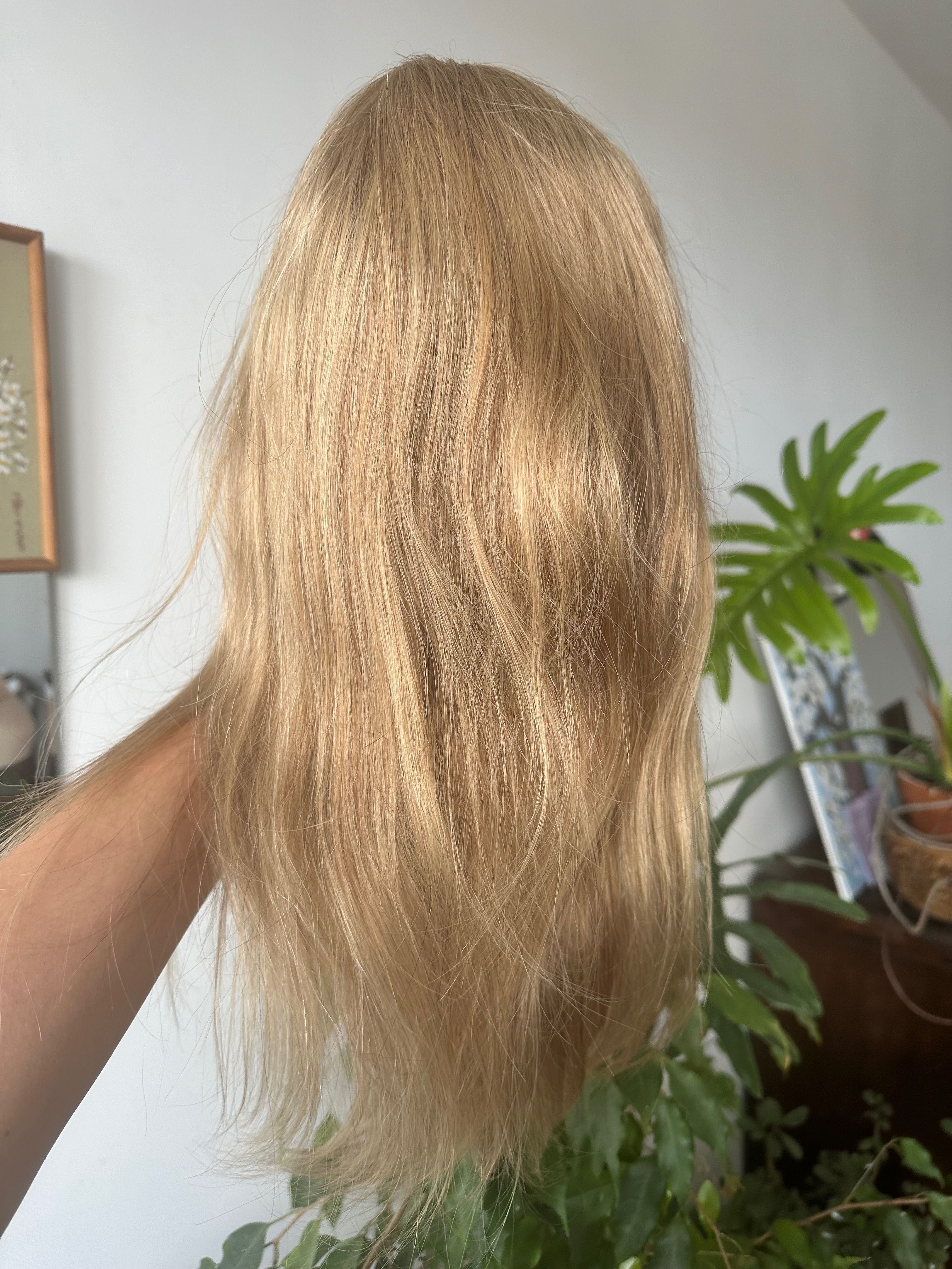 Bardzo długa blond peruka pasemka balejaż włosy naturalne 100% ludzkie