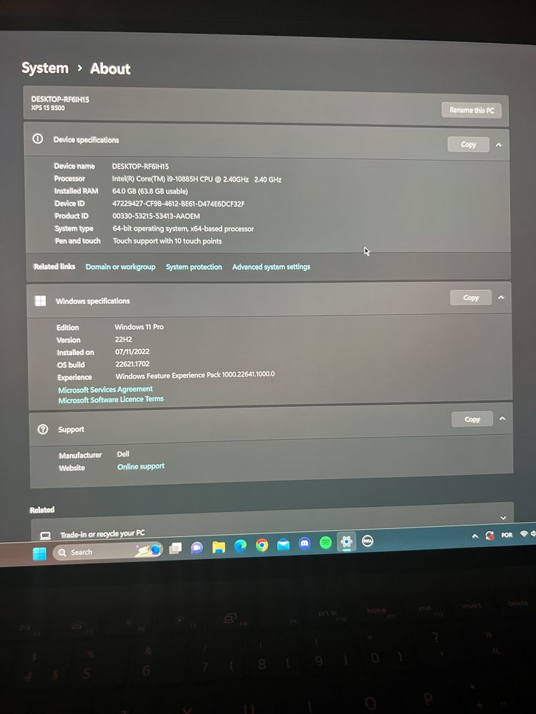 Dell XPS 15 2TB SSD 64GB RAM i9-10885H 3840x2400 GTX 1650 Ti