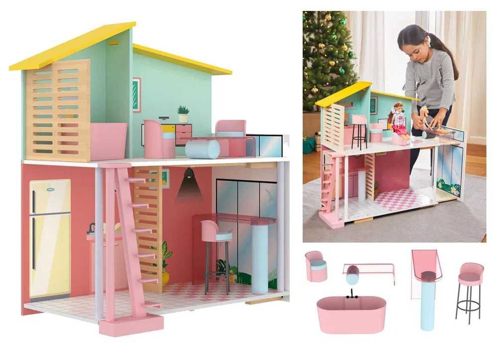 Drewniany domek dla lalek meble schodki taras Stella fashion