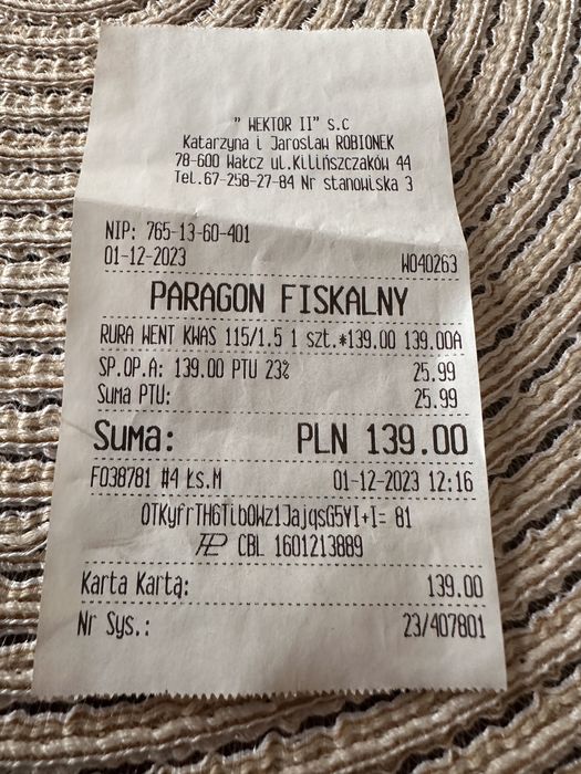Rura ø 115mm wentylacyjna/ do piecyka gazowego