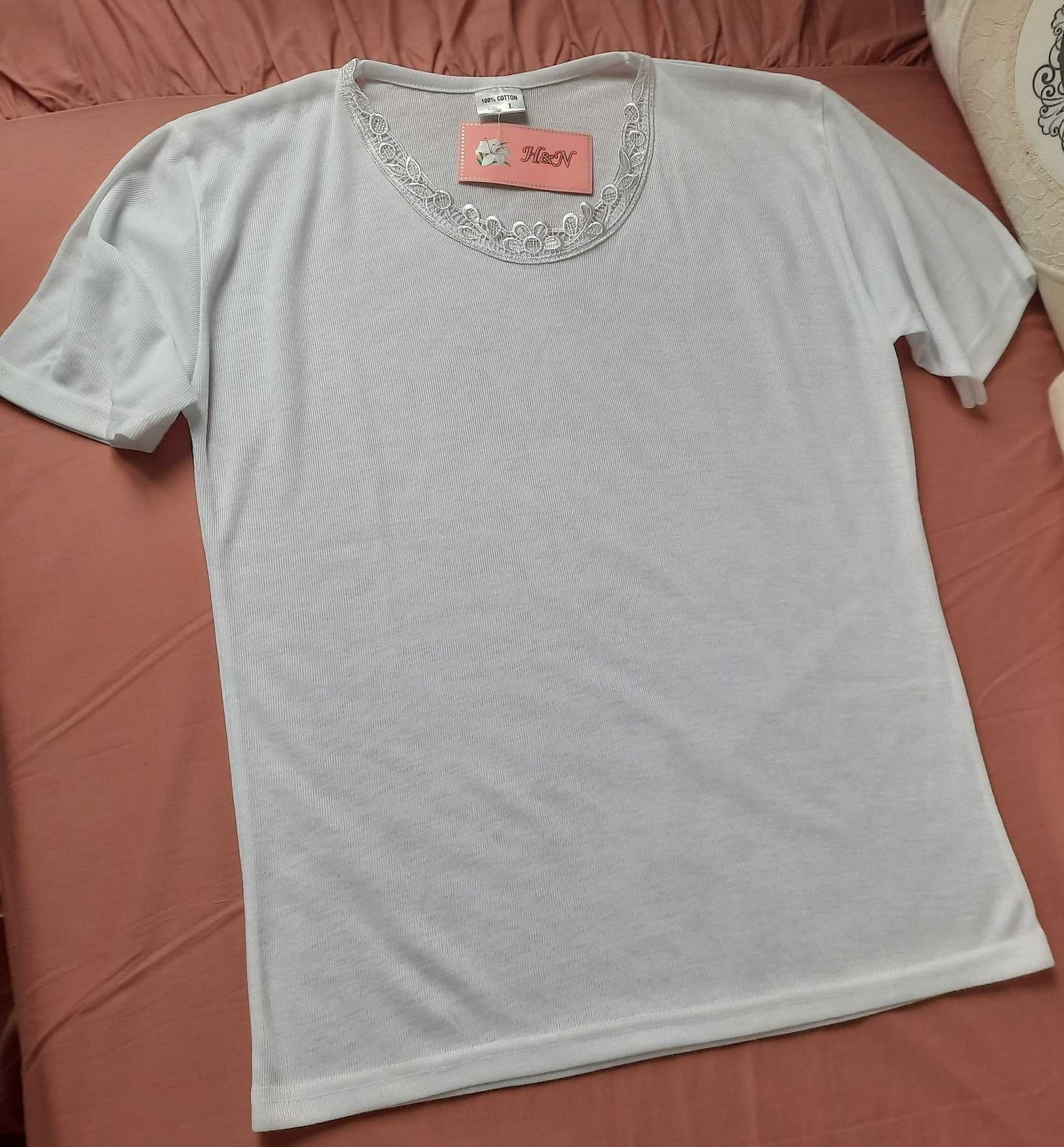 Biała z koronką Bawełna koszulka bluzka t-shirt bielizna L M/L