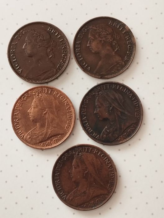 Moedas de 1 Farthing 1885, 1888, 1898, 1900 e 1901 Inglaterra