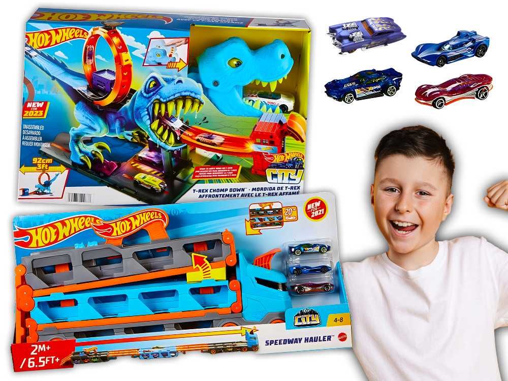 Hot Wheels ZESTAW Transporter + Tor Dinozaur t-rex + 4 autka gratis!!!