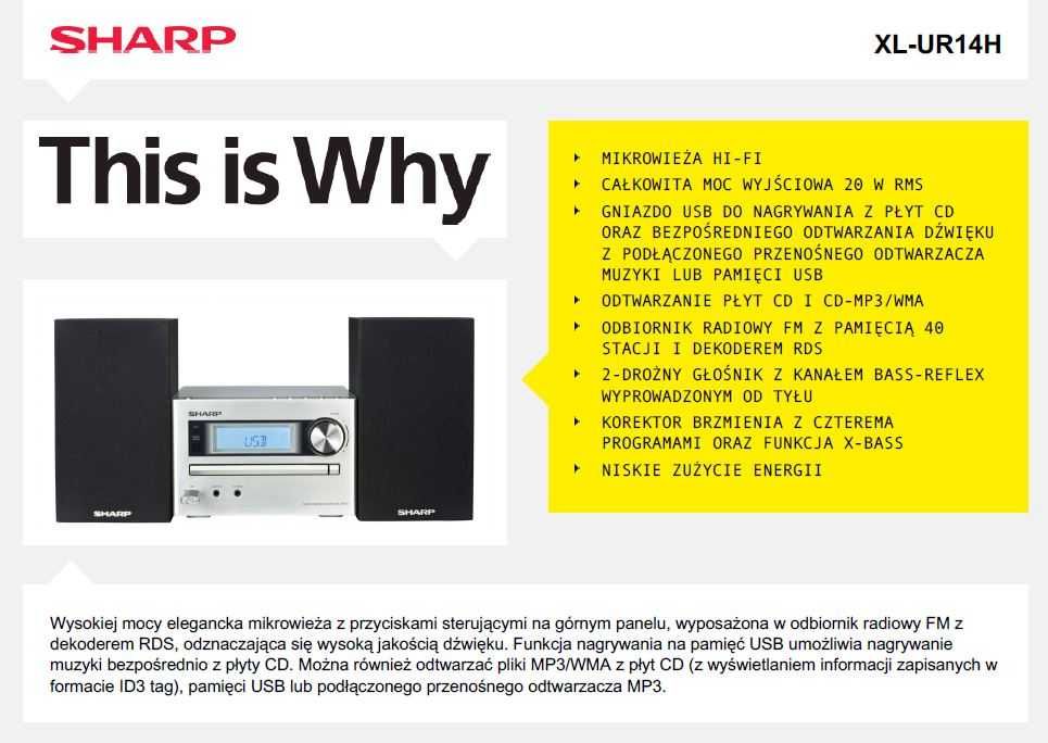 Mikrowieża Hi-Fi firmy Sharp: radio, CD, głośniki