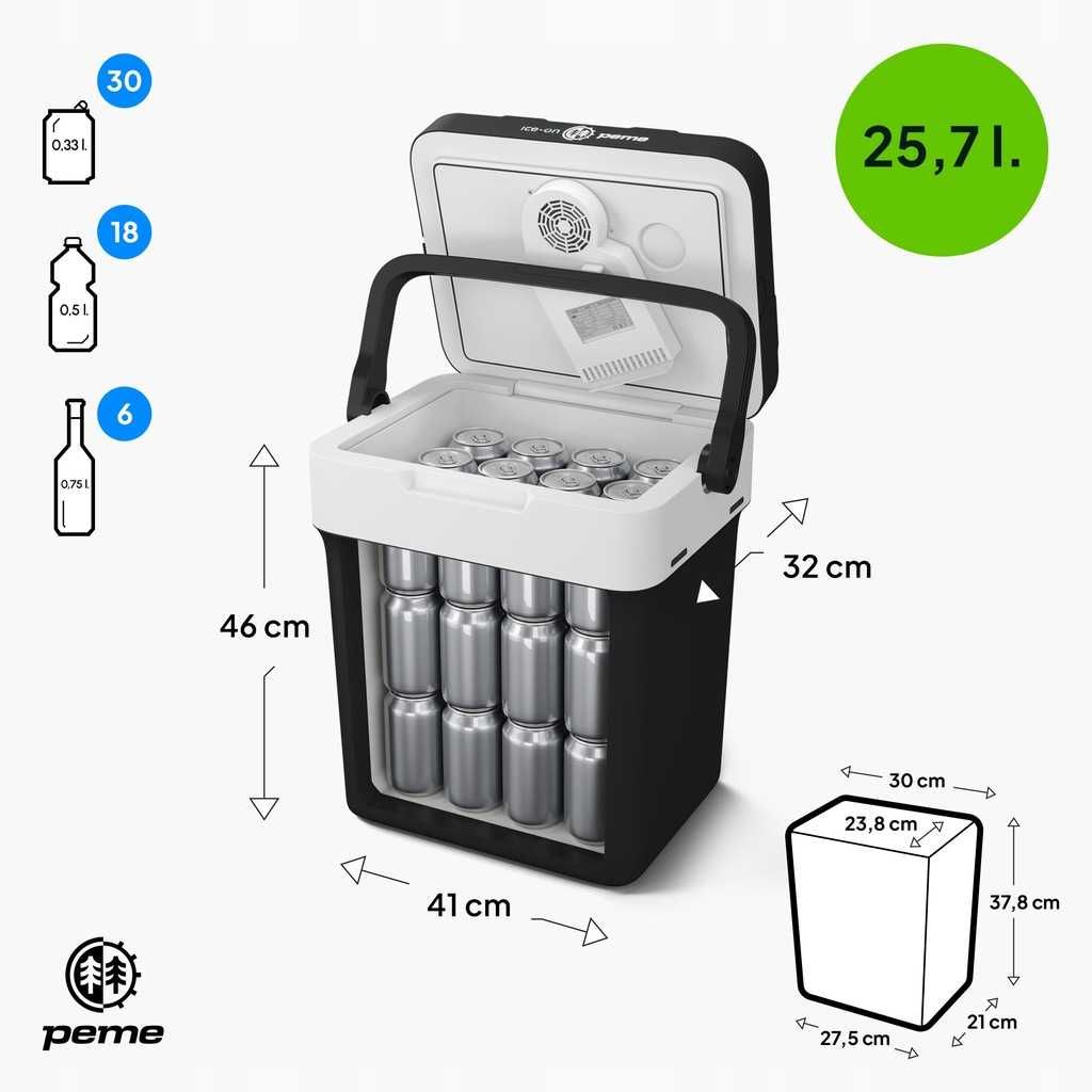 Lodówka turystyczna 25,7L 12V/230V USB chłodzenie, grzanie