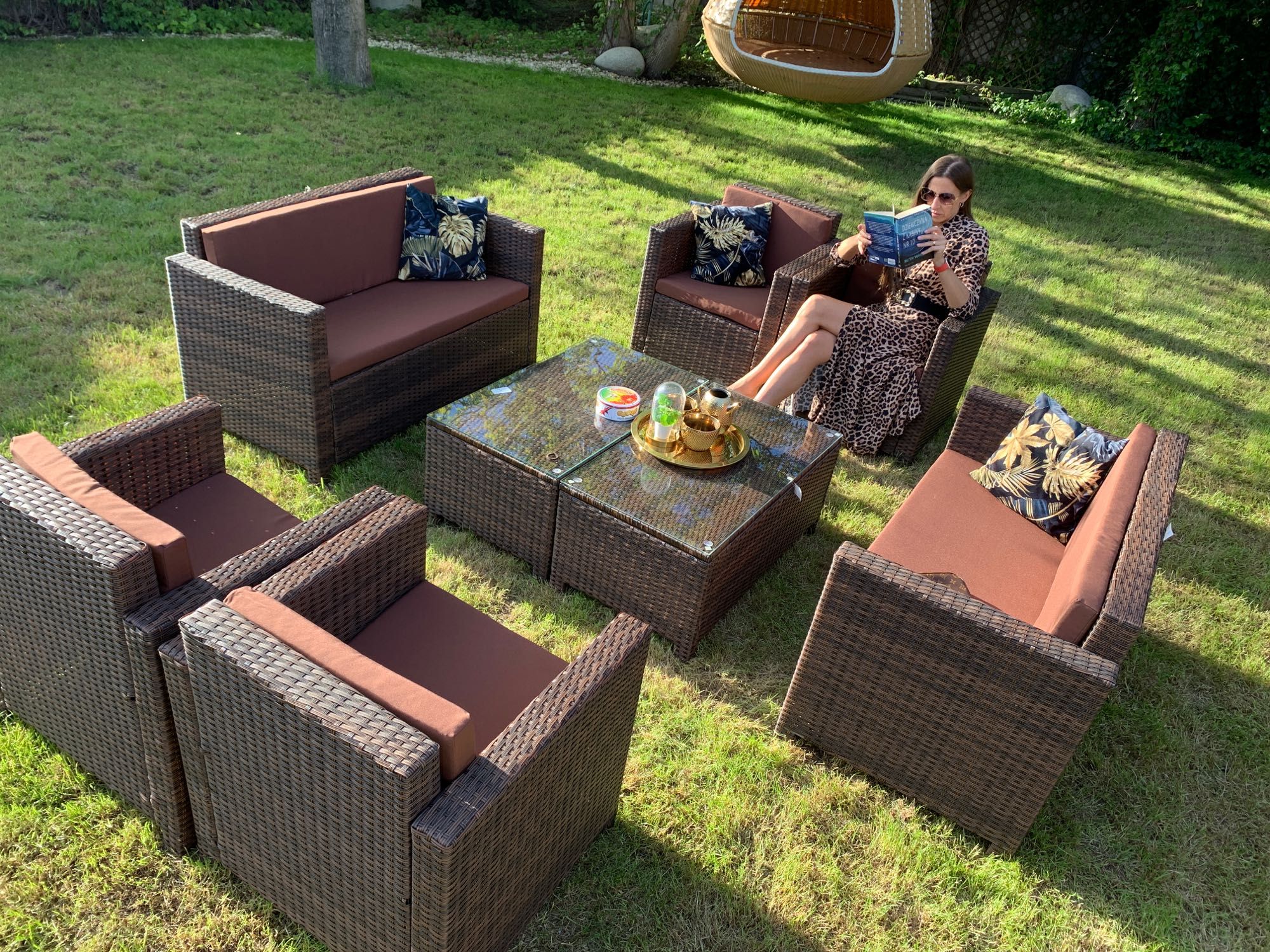 (G) Nicea XXL zestaw technorattan brąz sofa 4xfotel ława