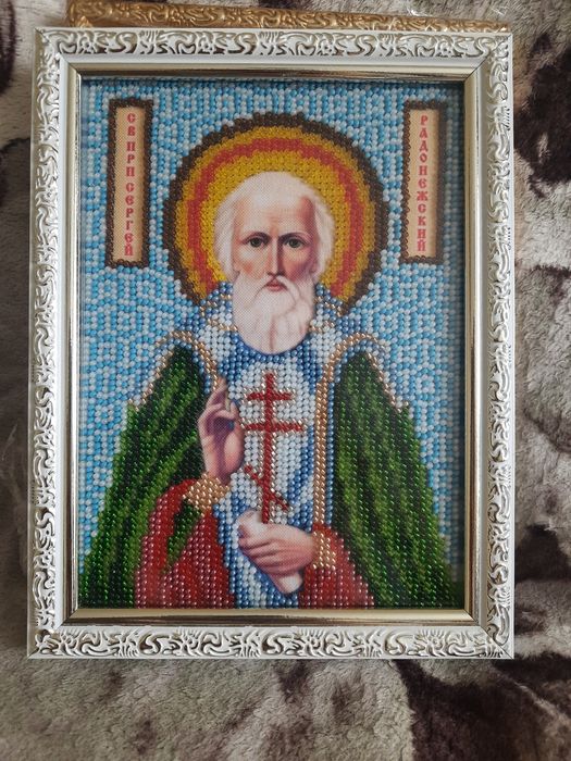 Икона Сергей вышита чешским бисером