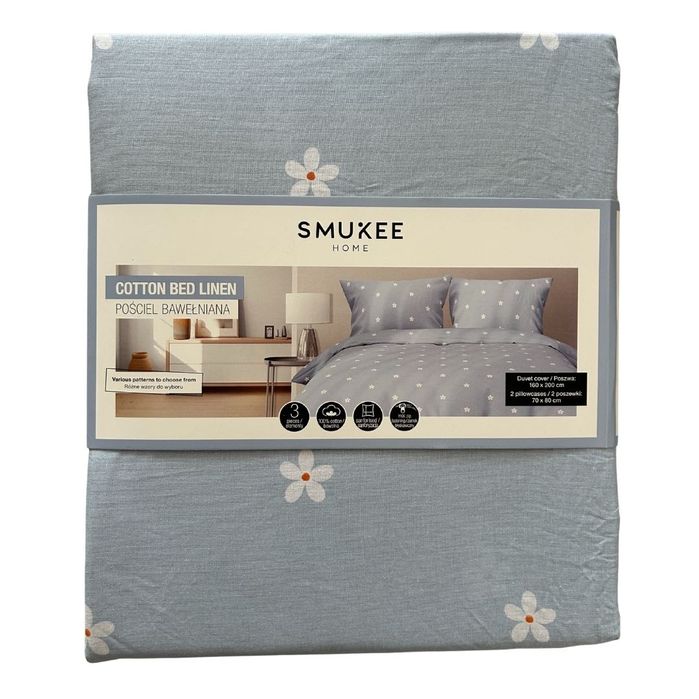 Pościel bawełniana Smukee 160x200 jasnoniebieska stokrotki