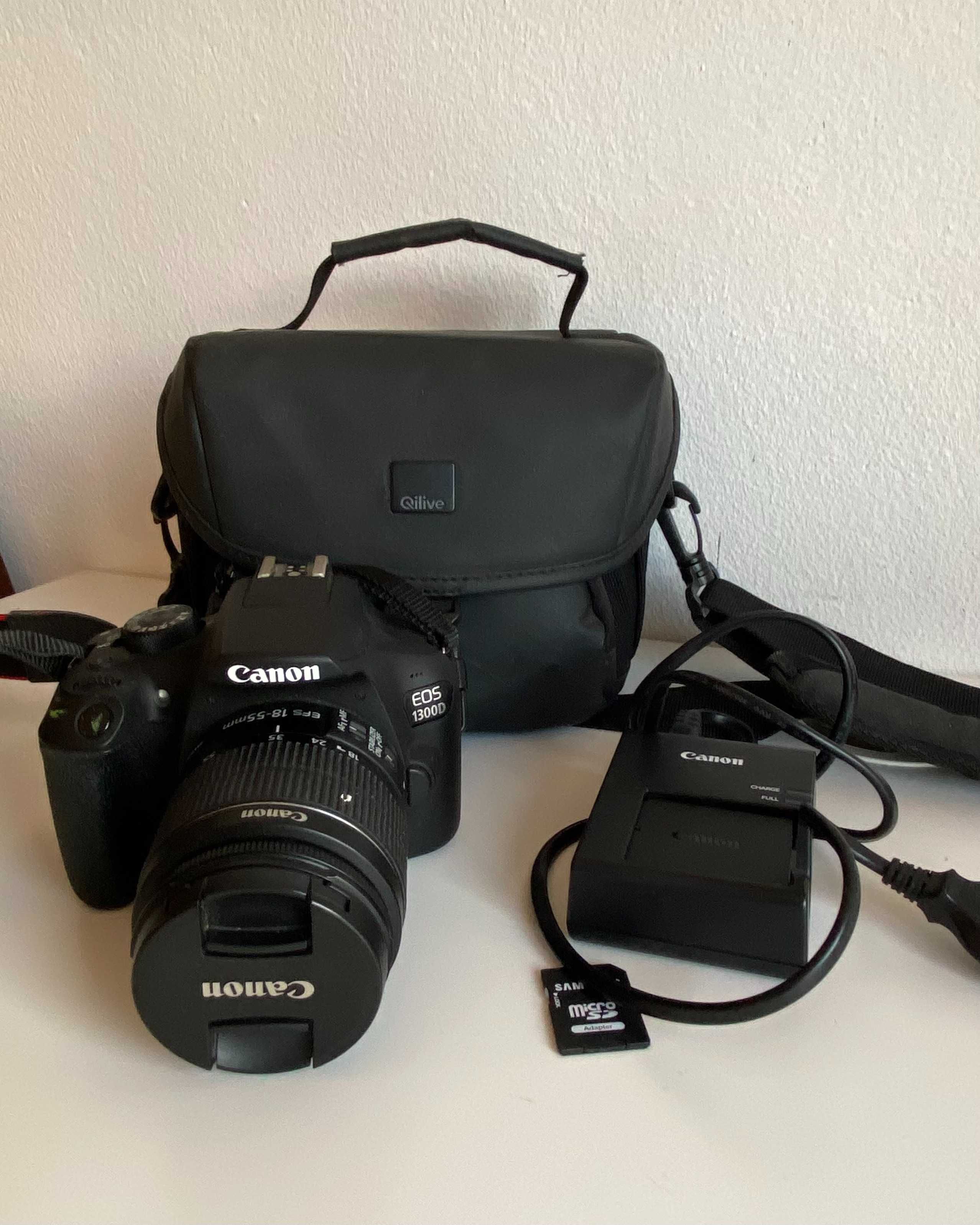 Câmera Canon 1300D + Lente 18-55mm + Bolsa + Tripé + Cartão Memória