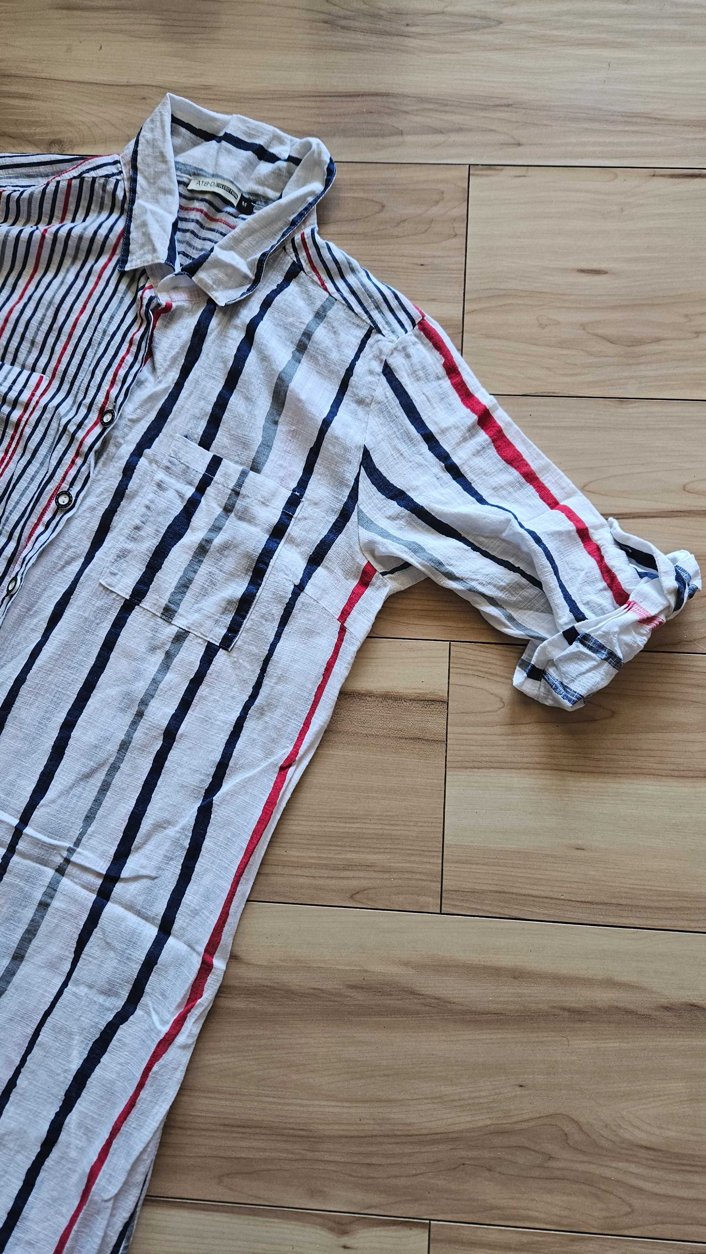 Sukienka długa maxi koszulowa oversize lniana paski M 38