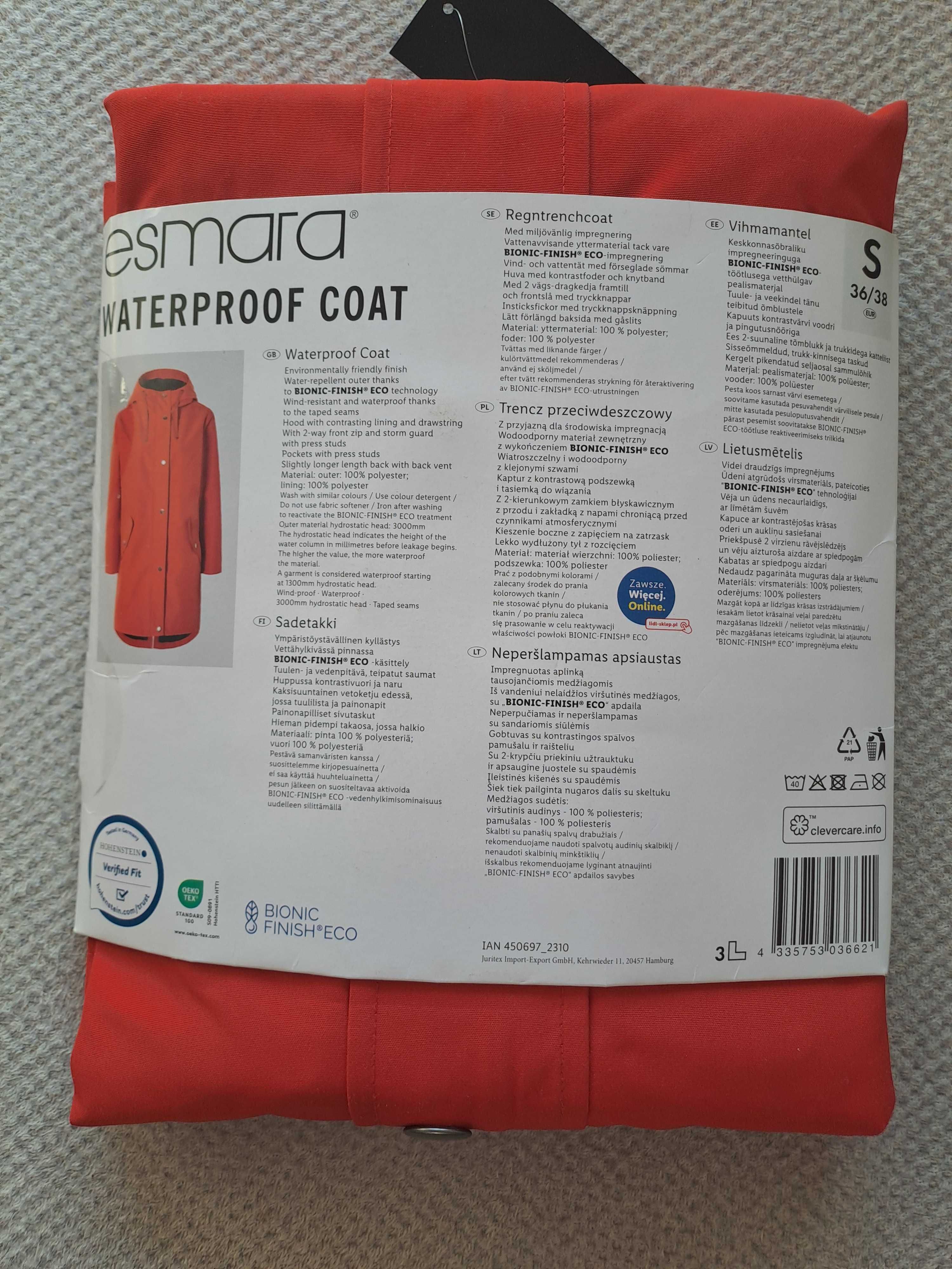 Esmara kurtka parka damska przeciwdeszczowa typu trencz 36/38