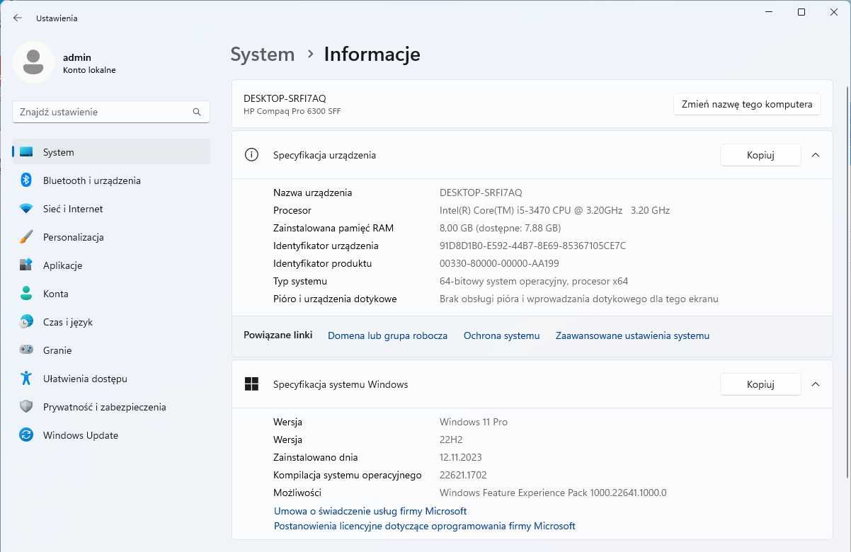 Komputer HP 6300 SFF, i5 3.2 GHz 4 cores, 8 GB RAM, 250 GB SSD, Win11