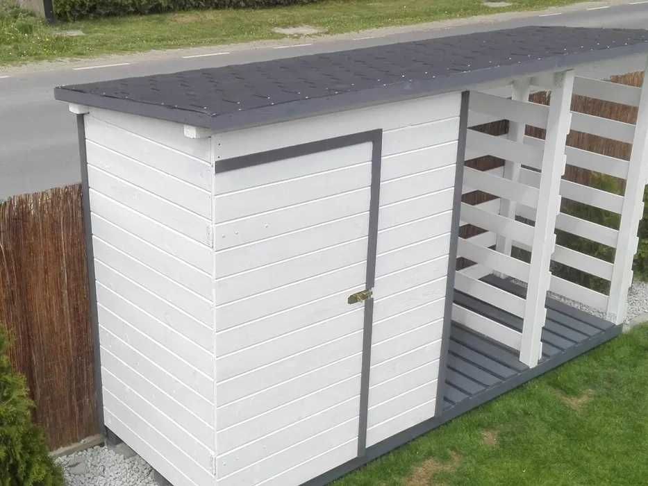 Drewutnia na drewno, drewutnia z narzędziownią, biało szara, solidna !