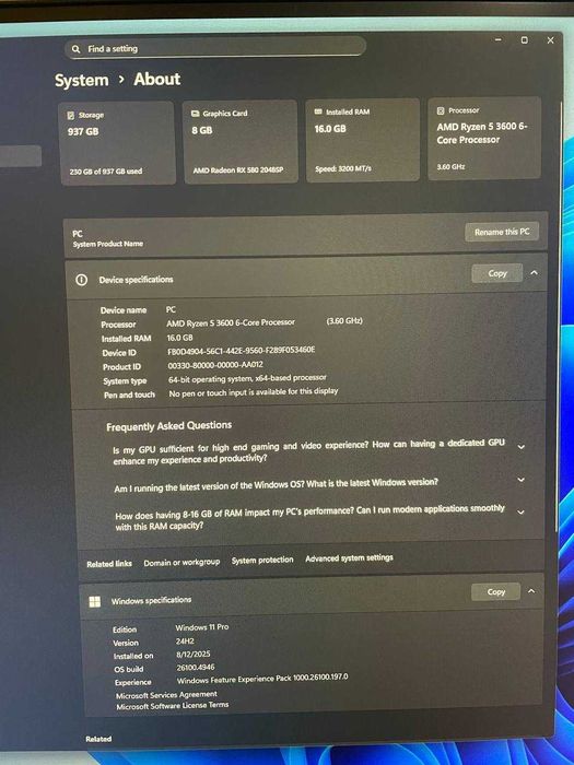 Компьютер Ryzen 5 3600 Rx580 16Gb 256SSD, Монитор 2к 200 герц.