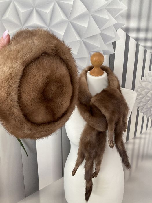 Karmelowy toczek czapka i etola z norek