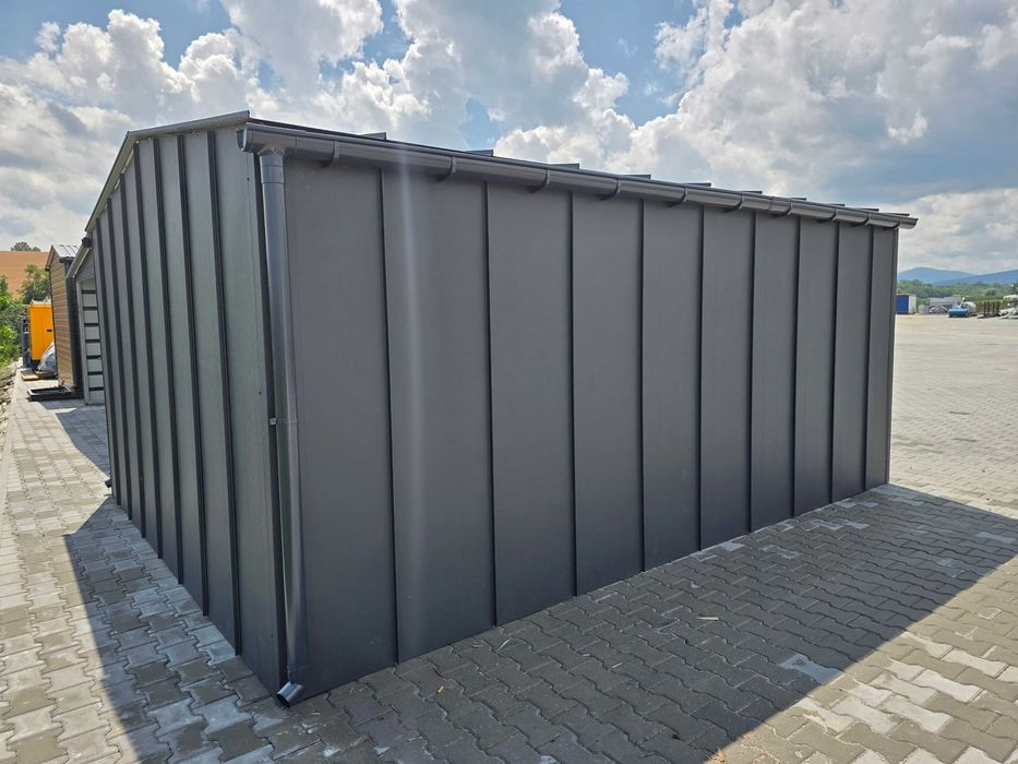 Garaż blaszany 4x6 na rąbek grafitowy dach dwuspadowy brama uchylna