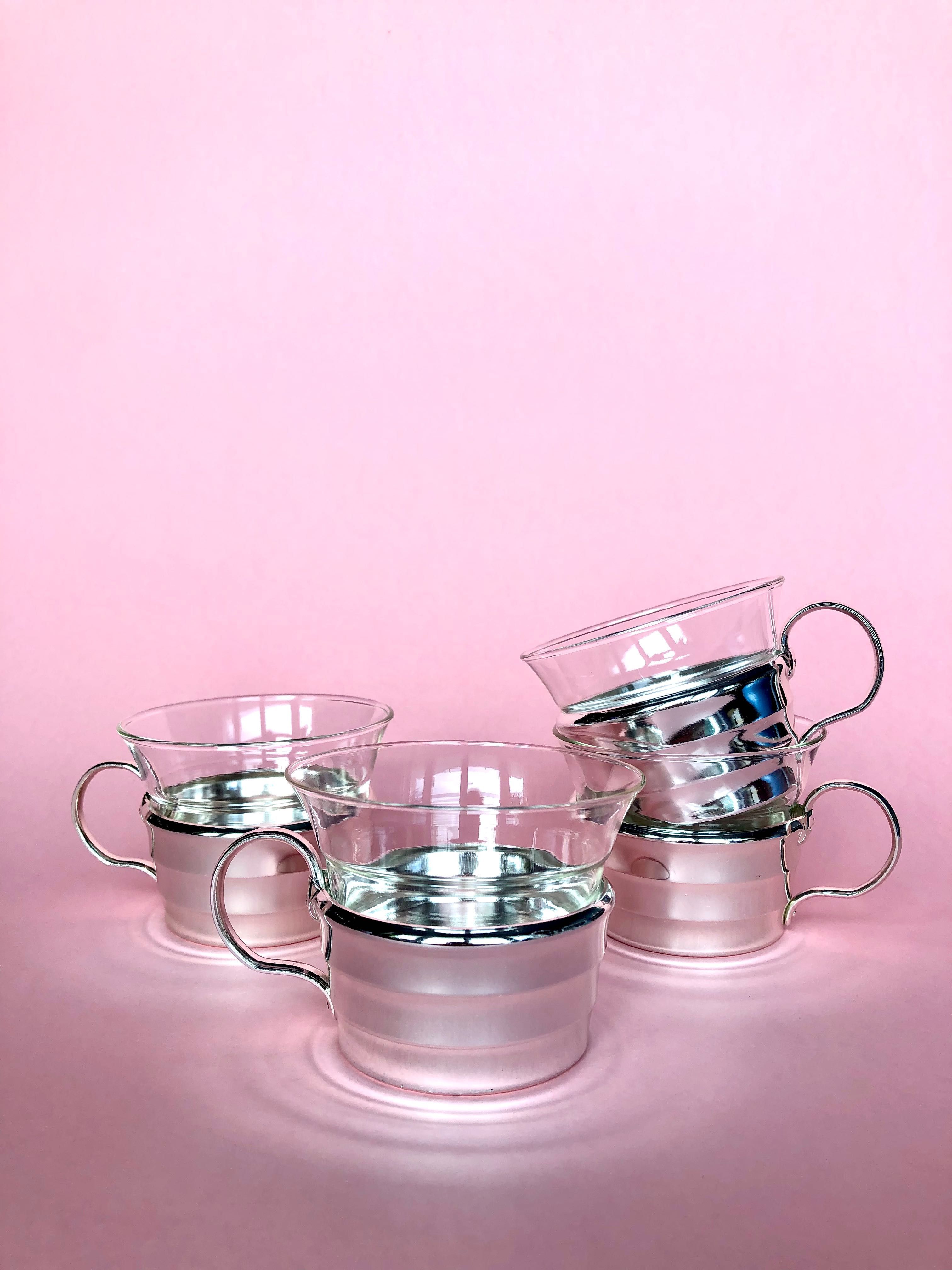Szklanki w koszyczkach Schott Mainz, Jenaer Glas, West Germany, chrom