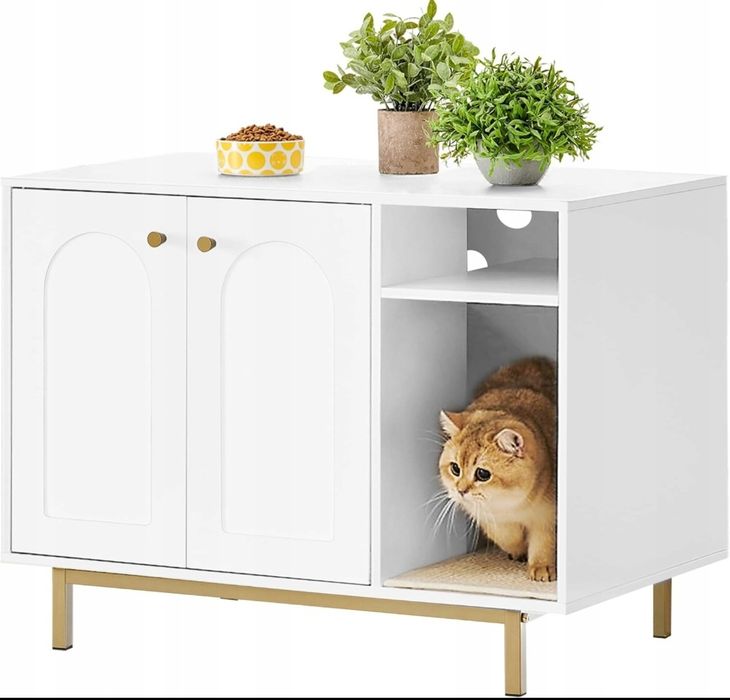 Szafka dla kota na kuwetę domek GLAMOUR biała złota 50 x 80 x 61 cm