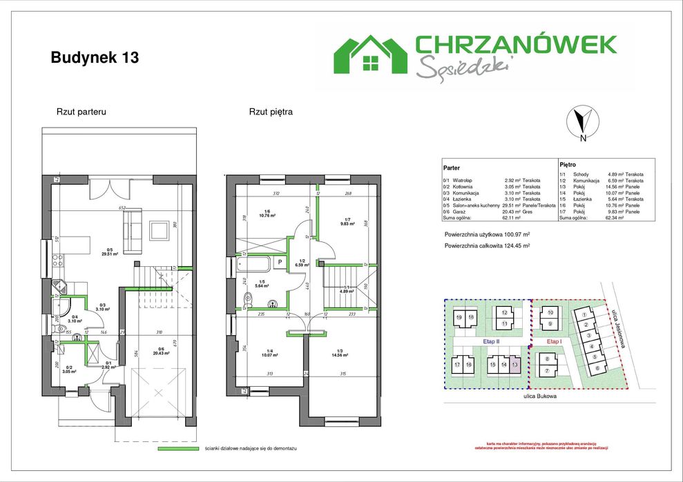 dom 13 i 15 (124.45 m²) ogródek, pokoje, garaż, łazienki, pełne kondyg